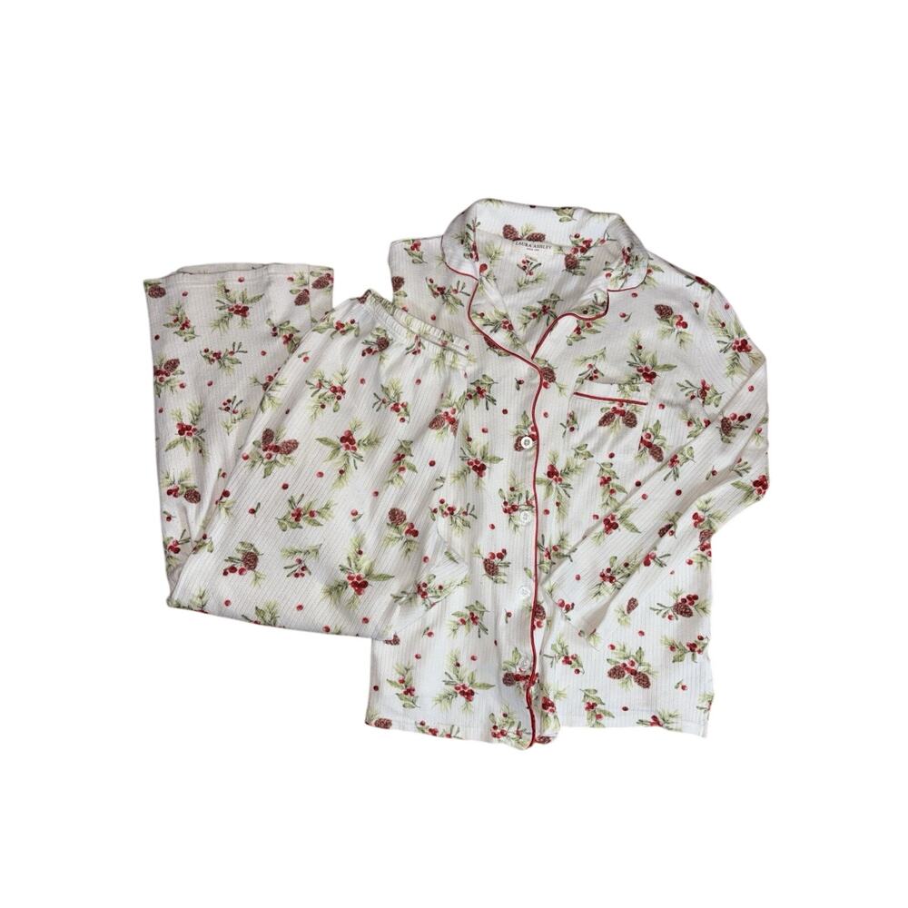 Laura Ashley Christmas Pajama Set S Festive Holly Pinecones